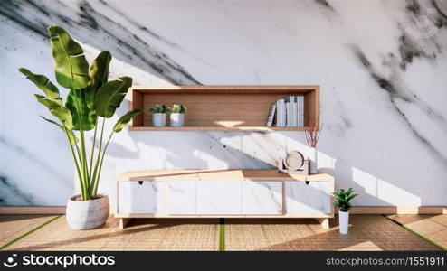 living room granite white wall background with decoration japan style design and shelf wall. 3d rendering