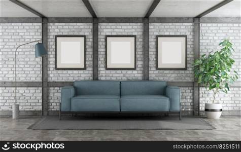 Living room in a loft with blue modern sofa against white brick wall - 3d rendering. Living room in a loft with blue modern sofa