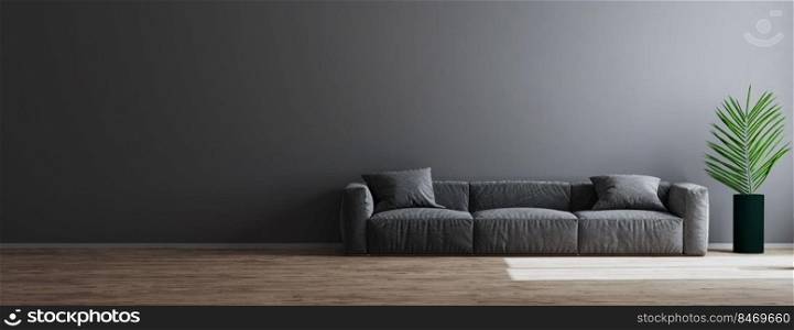 Living room interior design scene with gray sofa, green plant and empty gray wall on wooden floor, room interior mock up, empty room interior background, grey empty wall mockup, 3d render