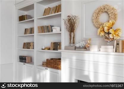 living room interior design with bookcase. High resolution photo. living room interior design with bookcase. High quality photo