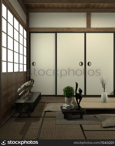 Living room interior design with cabinet in shelf wall design and decoration japan style.3D rendering