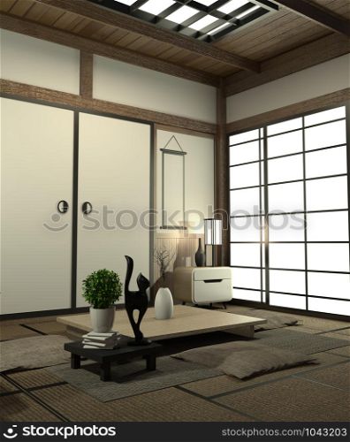 Living room interior design with cabinet in shelf wall design and decoration japan style.3D rendering