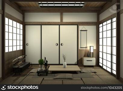 Living room interior design with cabinet in shelf wall design and decoration japan style.3D rendering