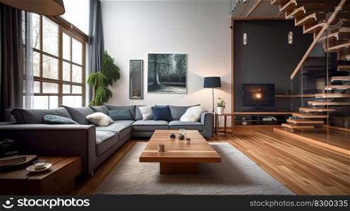 Living room interior design with steps and sofa, generative ai
