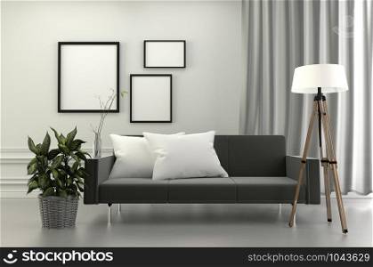 Living Room Interior - frame lamp and sofa pillows ,plants wooden on wall background. 3D rendering