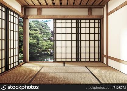 living room interior in and minimal design with Tatami mat floor and Japanese, empty room interior, 3D rendering