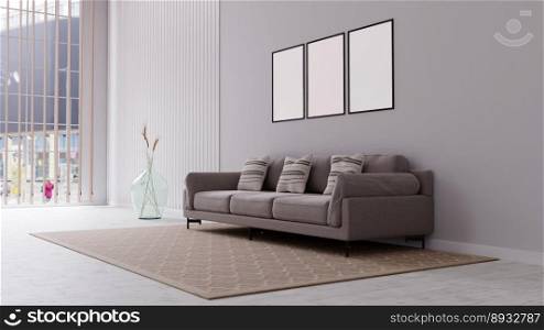 Living room interior in beige colors with three big whit frames. 3d illustration