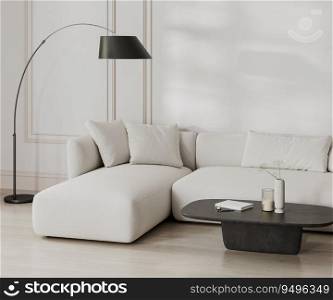 living room interior in black and white, french style with moldings, white sofa and wall, 3d rendering