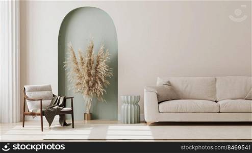 living room interior mock up, modern furniture and decorative green arch with trendy dried flowers, white sofa and armchair, 3d render