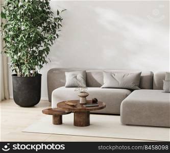 living room interior mockup with gray sofa, scandinavian style, 3d rendering