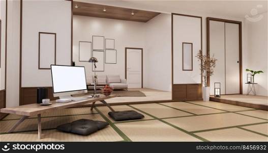 Living room interior on tatami mat floor, computer on low table and pillow.3D rendering