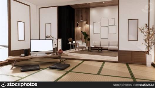 Living room interior on tatami mat floor, computer on low table and pillow.3D rendering