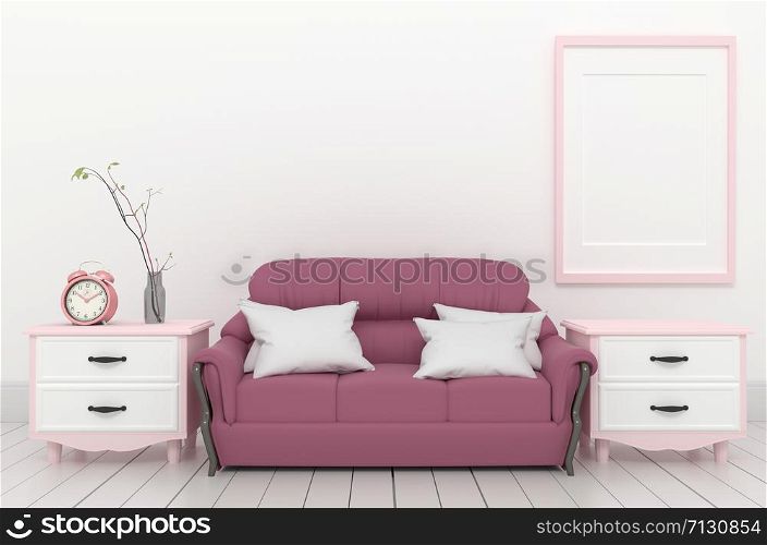 Living Room Interior - Pink elegant style with fame sofa clock and plant, white wood floor on empty white wall. 3D rendering