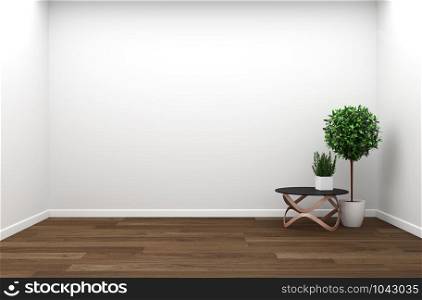 Living Room Interior ,plants wooden on wall background. 3D rendering