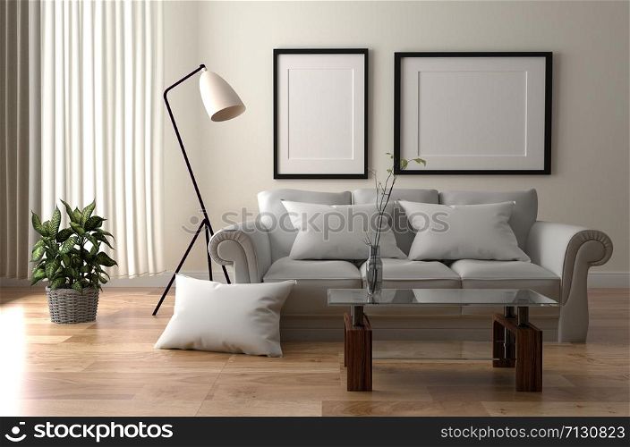 Living Room Interior - Room Scandinavian style with wooden floor on empty white wall background. 3D rendering