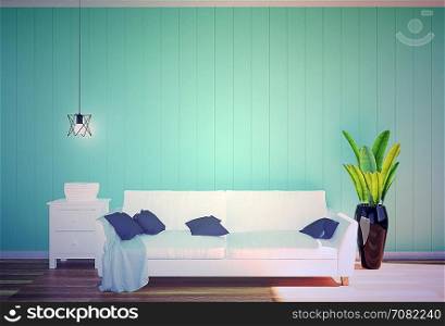 Living room interior - white leather sofa and green wall panel with space in soft filter, 3D rendering