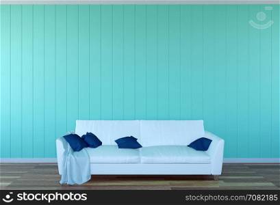 Living room interior - white leather sofa and green wall panel with space, 3D rendering