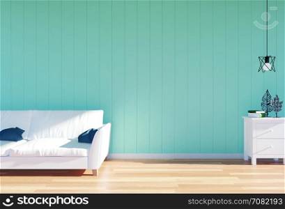 Living room interior - white leather sofa and green wall panel with space, 3D rendering