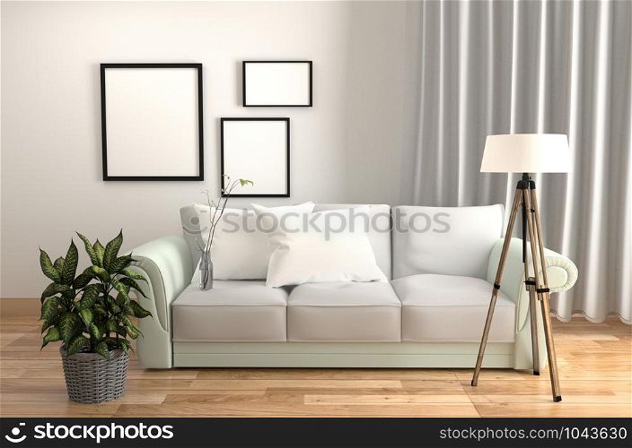 Living Room Interior White style - with Sofa pillows plants lamp and frames - Wooden floor on White wall background. 3D rendering
