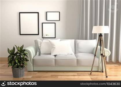 Living Room Interior White style - with Sofa pillows plants lamp and frames - Wooden floor on White wall background. 3D rendering