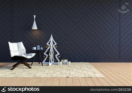 Living room interior with black wall and white Christmas tree for Christmas holiday, 3D Rendering