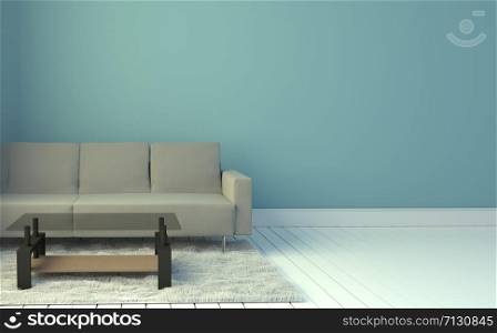 Living Room Interior with gray sofa and carpet, light blue wall background. 3D rendering
