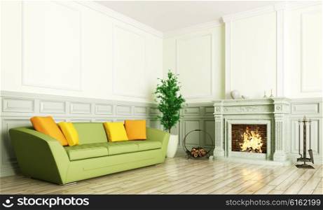 Living room interior with green sofa and fireplace 3d render
