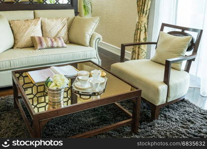 living room interior with set of elegant teacup