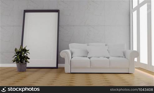 Living Room Interior with sofa and carpet, plants on empty blue wall background. 3D rendering