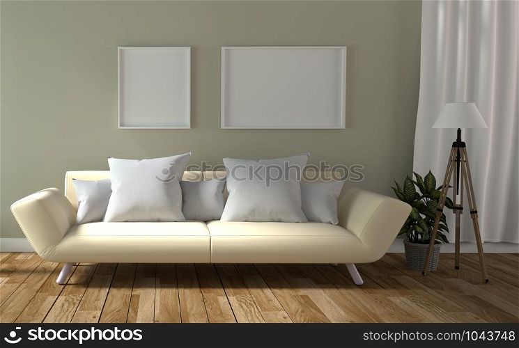 Living Room Interior with sofa and carpet, wooden floor on empty white wall background. 3D rendering