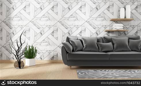 living room interior with sofa and green plants on granite wall background,minimal designs, 3d rendering