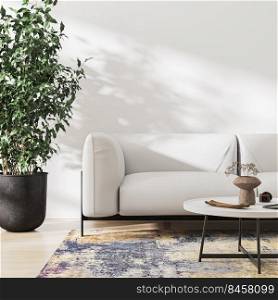 living room interior with white sofa, big green plant and leaves shadow on wall, 3d rendering