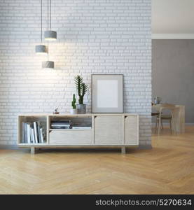 living room interior with wooden sideboard, 3d rendering