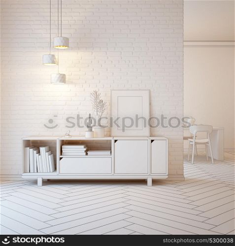 living room interior with wooden sideboard, 3d rendering