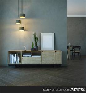 living room interior with wooden sideboard, 3d rendering
