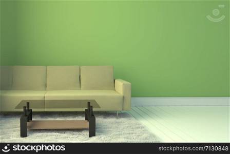 Living Room Interior with yellow sofa and carpet, light blue wall background. 3D rendering