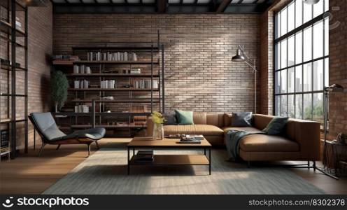 Living room loft in industrial style, interior generative ai