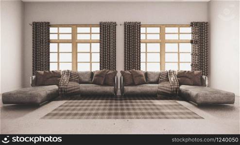 Living room modern style with white wall on wooden floor and sofa armchair on carpet. 3D rendering