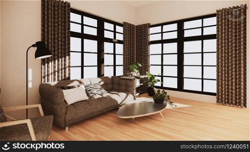 Living room modern style with white wall on wooden floor and sofa armchair on carpet. 3D rendering