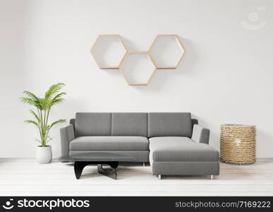 Living room on the white wall background, hexagon shelf front view,copy space ,3D rendering
