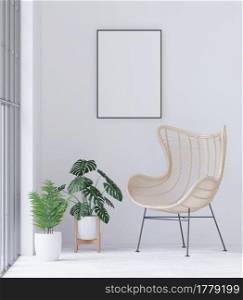 Living room on the white wall background, tree and chair, minimal style ,frame form mock up - 3D rendering -