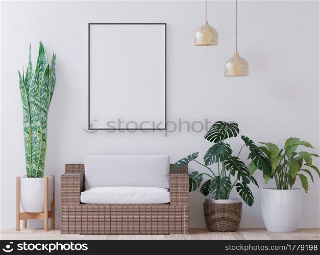 Living room on the white wall, little tree and couch minimal style ,frame form mock up - 3D rendering -