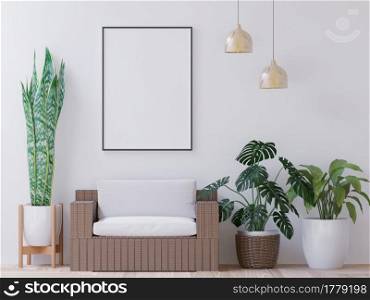 Living room on the white wall, little tree and couch minimal style ,frame form mock up - 3D rendering -