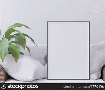 Living room on the white wall, little tree, minimal style ,frame form mock up - 3D rendering -