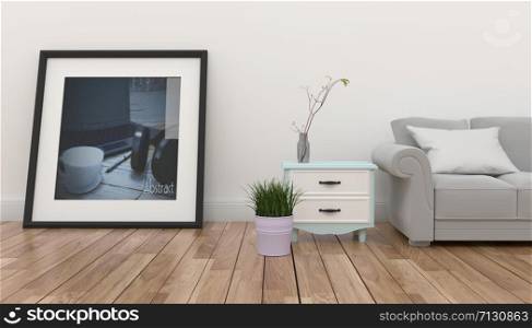 living room - Scandinavian style - frame and sofa - wood floor on empty white wall .3D rendering