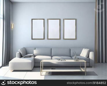 Living room wall with a mock poster frame. Modern background with a luxurious apartment. Generative AI.