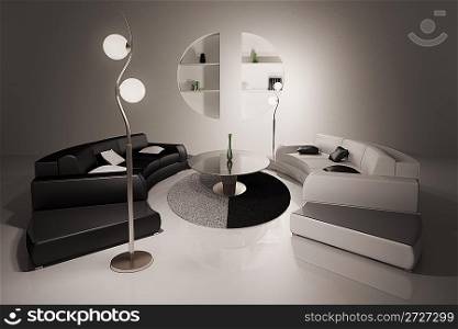 Living room with black and white sofas interior 3d render