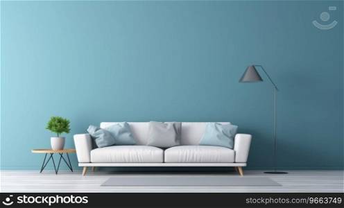 Living room with blue walls and white sofa, in the style light cyan, minimalist backgrounds.