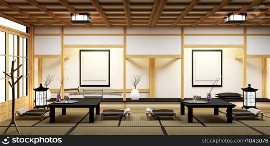 Living room with bonsai on table low ,wood floor and tatami mat. 3D rendering