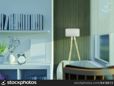 Living room with bookshelves and chairs by the window.